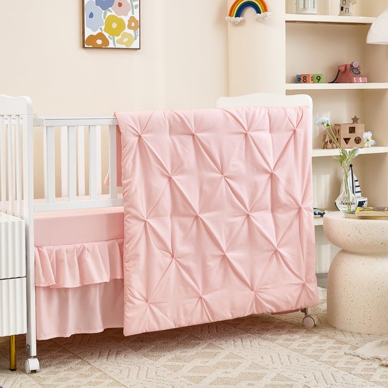 NacoMoco 3-Piece Pink Crib Bedding Set for Girls - Ultra Soft & Skin Friendly Baby Girl Bedding Crib Set Includes Crib Comforter, Sheet & Skirt (Light Pink) - Image 1